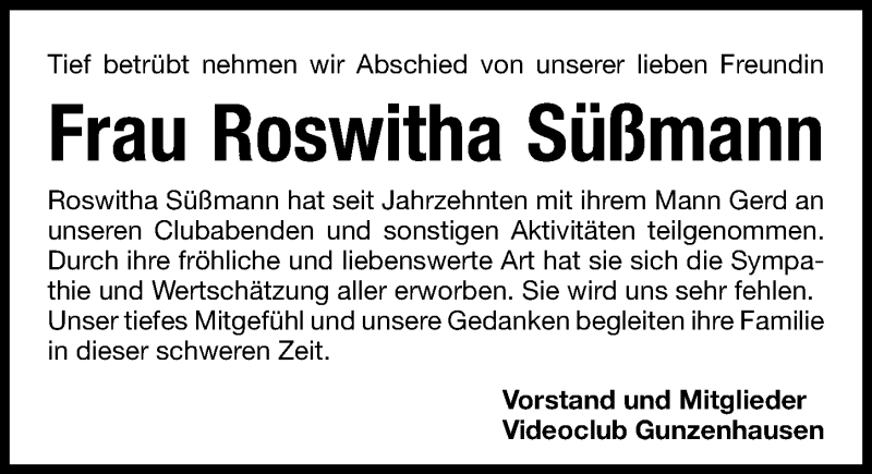  Traueranzeige für Roswitha Süßmann vom 07.03.2013 aus Altmühl-Bote Lokal