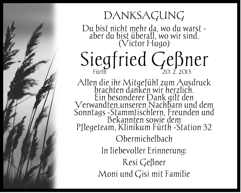  Traueranzeige für Siegfried Geßner vom 08.03.2013 aus Fürther Nachrichten Lokal