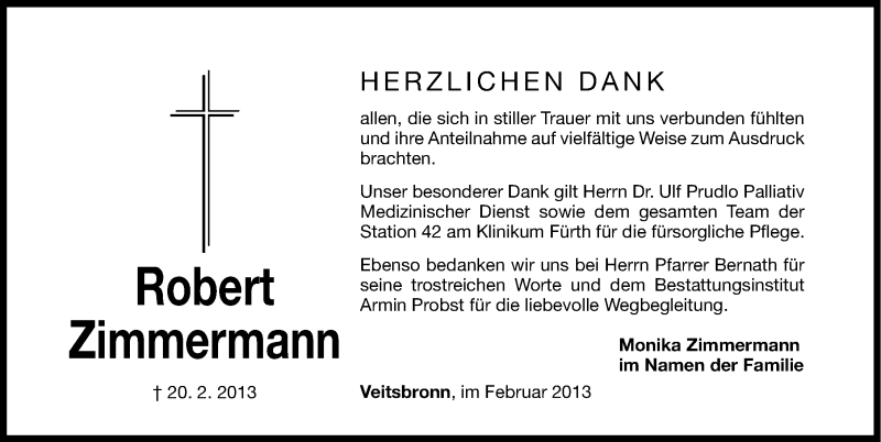  Traueranzeige für Robert Zimmermann vom 08.03.2013 aus Fürther Nachrichten Lokal