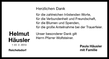 Traueranzeige von Helmut Häusler von Gesamtausgabe Nürnberger Nachrichten/ Nürnberger Ztg.