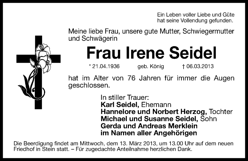  Traueranzeige für Irene Seidel vom 09.03.2013 aus Gesamtausgabe Nürnberger Nachrichten/ Nürnberger Ztg.