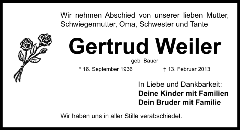  Traueranzeige für Gertrud Weiler vom 09.03.2013 aus Fürther Nachrichten Lokal