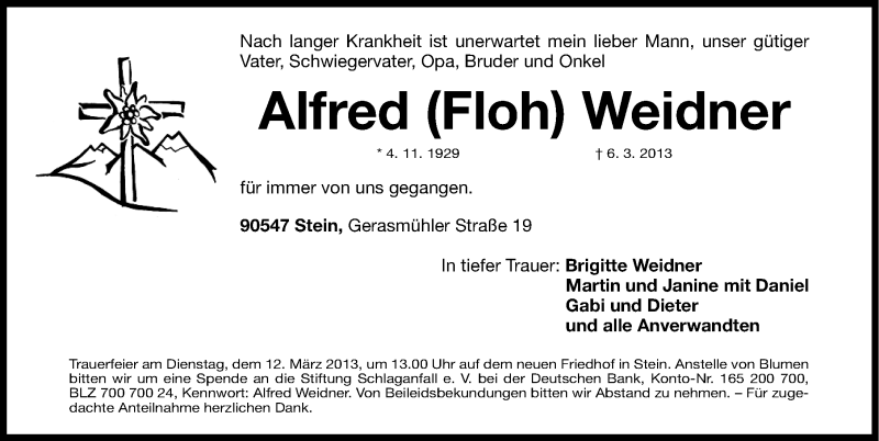  Traueranzeige für Alfred Weidner vom 09.03.2013 aus Gesamtausgabe Nürnberger Nachrichten/ Nürnberger Ztg.