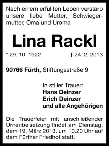 Traueranzeige von Lina Rackl von Fürther Nachrichten Lokal