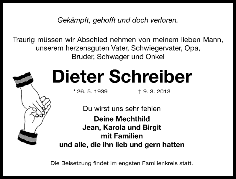  Traueranzeige für Dieter Schreiber vom 13.03.2013 aus Fürther Nachrichten Lokal