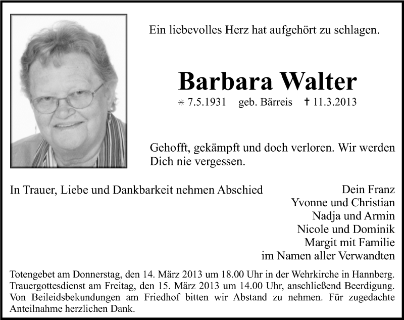  Traueranzeige für Barbara Walter vom 13.03.2013 aus Nordbayerische Nachrichten Herzogenaurach Lokal