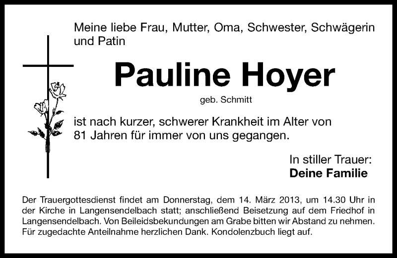  Traueranzeige für Pauline Hoyer vom 13.03.2013 aus Erlanger Nachrichten Lokal