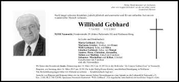 Traueranzeige von Willibald Gebhard von Neumarkter Nachrichten Lokal