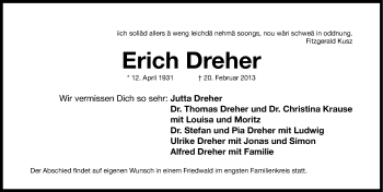 Traueranzeige von Erich Dreher von Gesamtausgabe Nürnberger Nachrichten/ Nürnberger Ztg.