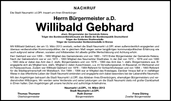 Traueranzeige von Willibald Gebhard von Neumarkter Nachrichten Lokal