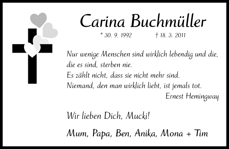  Traueranzeige für Carina Buchmüller vom 18.03.2013 aus Roth-Hilpoltsteiner Volkszeitung Lokal