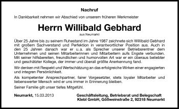 Traueranzeige von Willibald Gebhard von Neumarkter Nachrichten Lokal