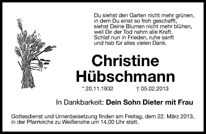  Traueranzeige für Christine Hübschmann vom 20.03.2013 aus Nordbayerische Nachrichten Forchheim Lokal