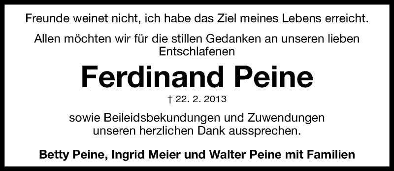  Traueranzeige für Ferdinand Peine vom 16.03.2013 aus Gesamtausgabe Nürnberger Nachrichten/ Nürnberger Ztg.