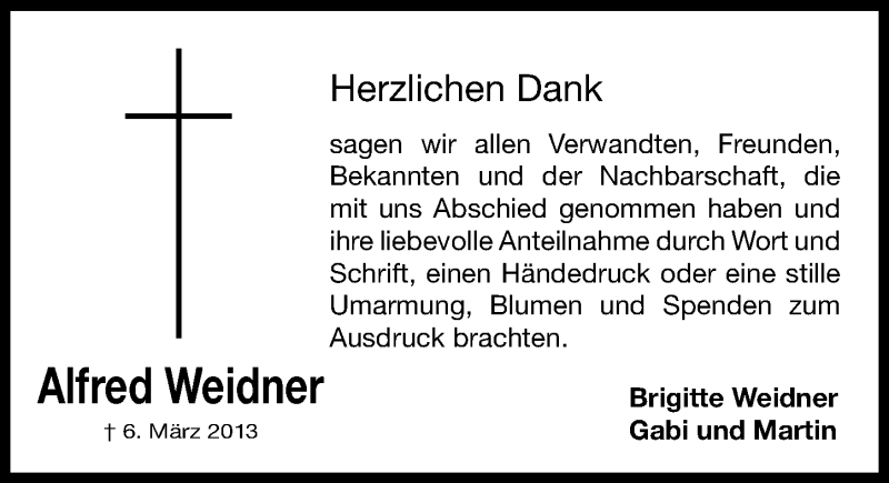  Traueranzeige für Alfred Weidner vom 16.03.2013 aus Gesamtausgabe Nürnberger Nachrichten/ Nürnberger Ztg.