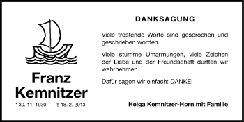 Traueranzeige von Franz Kemnitzer von Fürther Nachrichten Lokal
