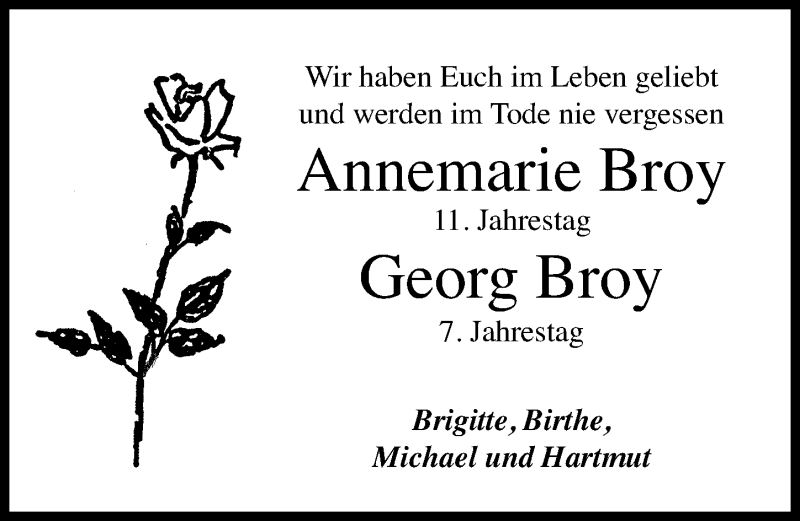  Traueranzeige für Annemarie und Georg Broy vom 16.03.2013 aus Altmühl-Bote Lokal