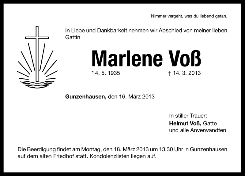  Traueranzeige für Marlene Voß vom 16.03.2013 aus Altmühl-Bote Lokal