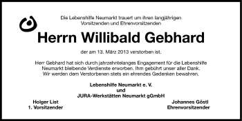 Traueranzeige von Willibald Gebhard von Neumarkter Nachrichten Lokal