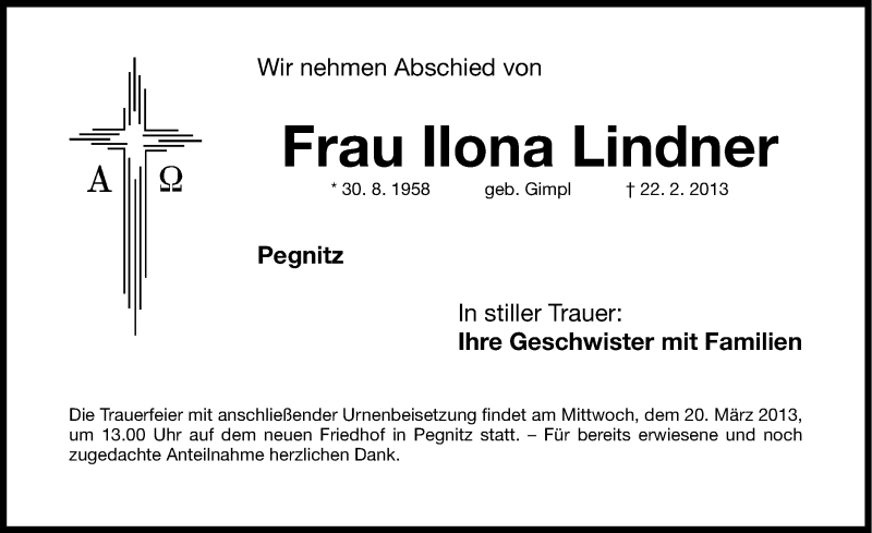  Traueranzeige für Ilona Lindner vom 16.03.2013 aus Nordbayerische Nachrichten Pegnitz Lokal