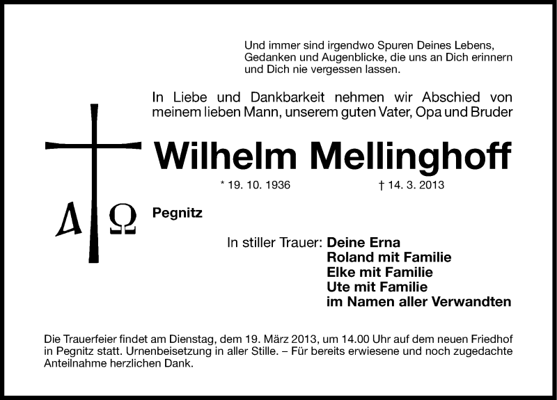  Traueranzeige für Wilhelm Mellinghoff vom 16.03.2013 aus Nordbayerische Nachrichten Pegnitz Lokal