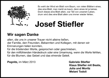 Traueranzeige von Josef Stiefler von Nordbayerische Nachrichten Pegnitz Lokal