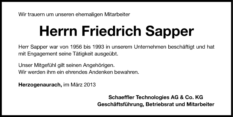  Traueranzeige für Friedrich Sapper vom 19.03.2013 aus Nordbayerische Nachrichten Herzogenaurach Lokal