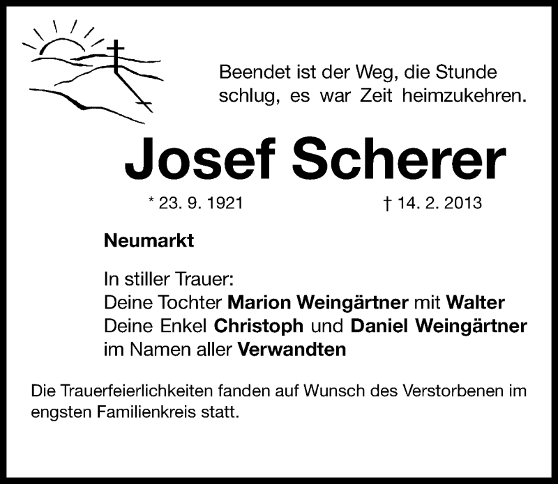  Traueranzeige für Josef Scherer vom 20.03.2013 aus Neumarkter Nachrichten Lokal