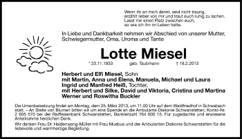 Traueranzeige von Lotte Miesel von Gesamtausgabe Nürnberger Nachrichten/ Nürnberger Ztg.