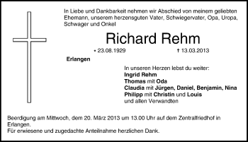 Traueranzeige von Richard Rehm von Erlanger Nachrichten Lokal