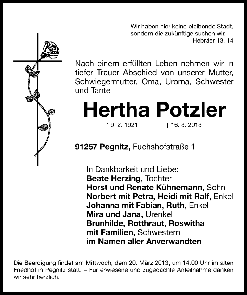  Traueranzeige für Hertha Potzler vom 19.03.2013 aus Nordbayerische Nachrichten Pegnitz Lokal