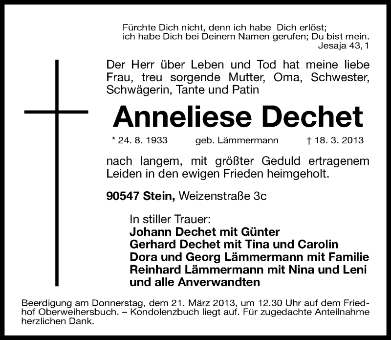  Traueranzeige für Anneliese Dechet vom 19.03.2013 aus Gesamtausgabe Nürnberger Nachrichten/ Nürnberger Ztg.