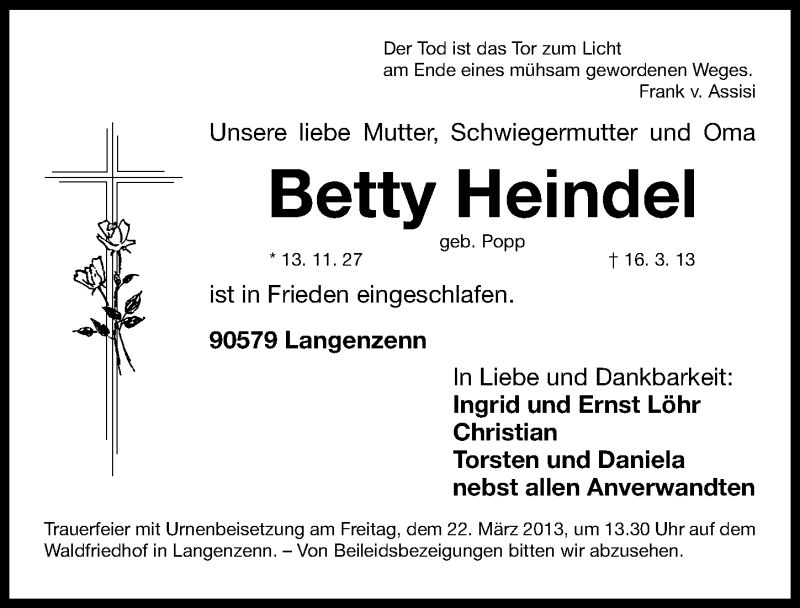  Traueranzeige für Betty Heindel vom 20.03.2013 aus Fürther Nachrichten Lokal