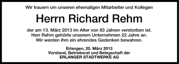 Traueranzeige von Richard Rehm von Erlanger Nachrichten Lokal