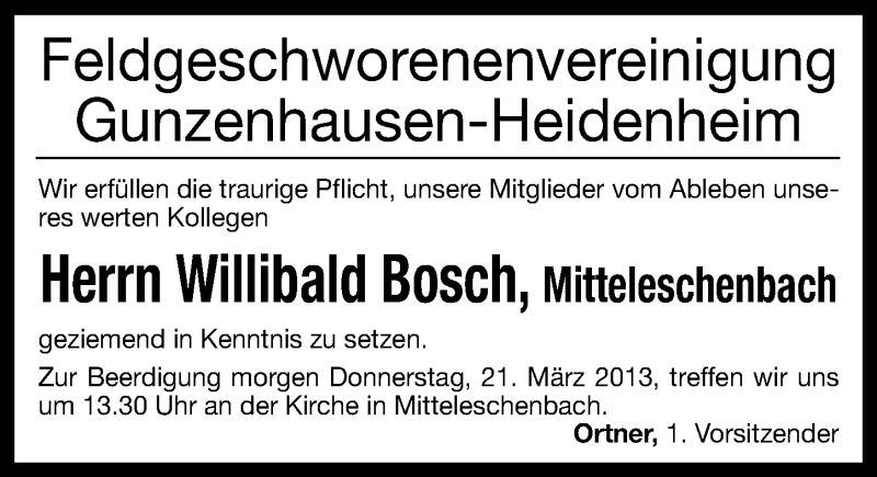  Traueranzeige für Willibald Bosch vom 20.03.2013 aus Altmühl-Bote Lokal