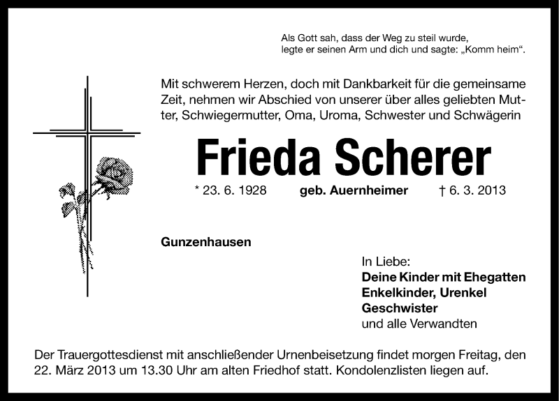  Traueranzeige für Frieda Scherer vom 21.03.2013 aus Altmühl-Bote Lokal