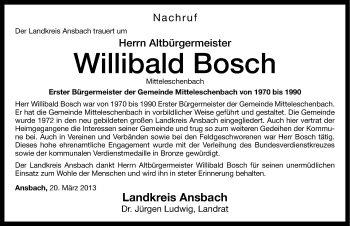 Traueranzeige von Willibald Bosch von Altmühl-Bote Lokal