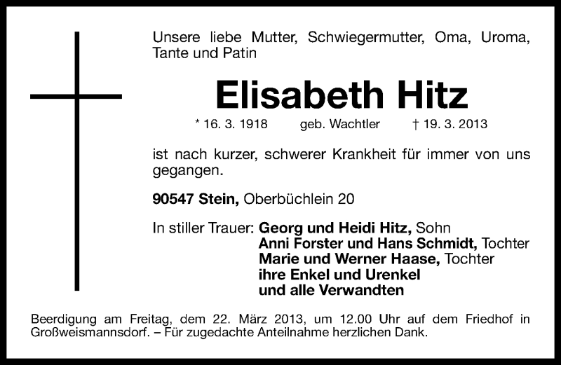  Traueranzeige für Elisabeth Hitz vom 21.03.2013 aus Gesamtausgabe Nürnberger Nachrichten/ Nürnberger Ztg.