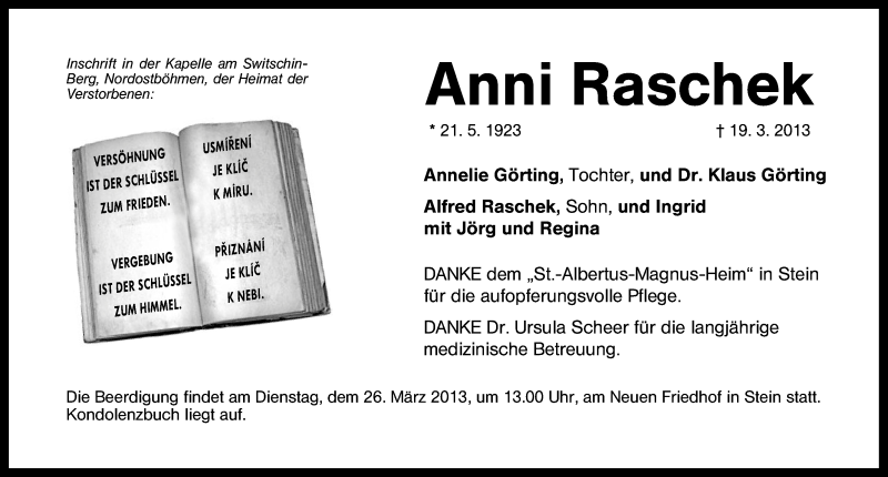  Traueranzeige für Anni Raschek vom 23.03.2013 aus Gesamtausgabe Nürnberger Nachrichten/ Nürnberger Ztg.