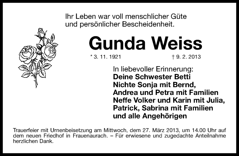 Traueranzeige für Gunda Weiss vom 23.03.2013 aus Erlanger Nachrichten Lokal