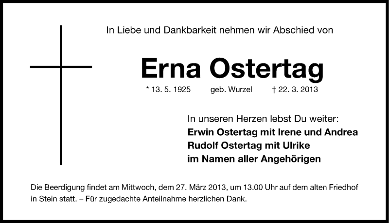 Traueranzeige für Erna Ostertag vom 23.03.2013 aus Gesamtausgabe Nürnberger Nachrichten/ Nürnberger Ztg.