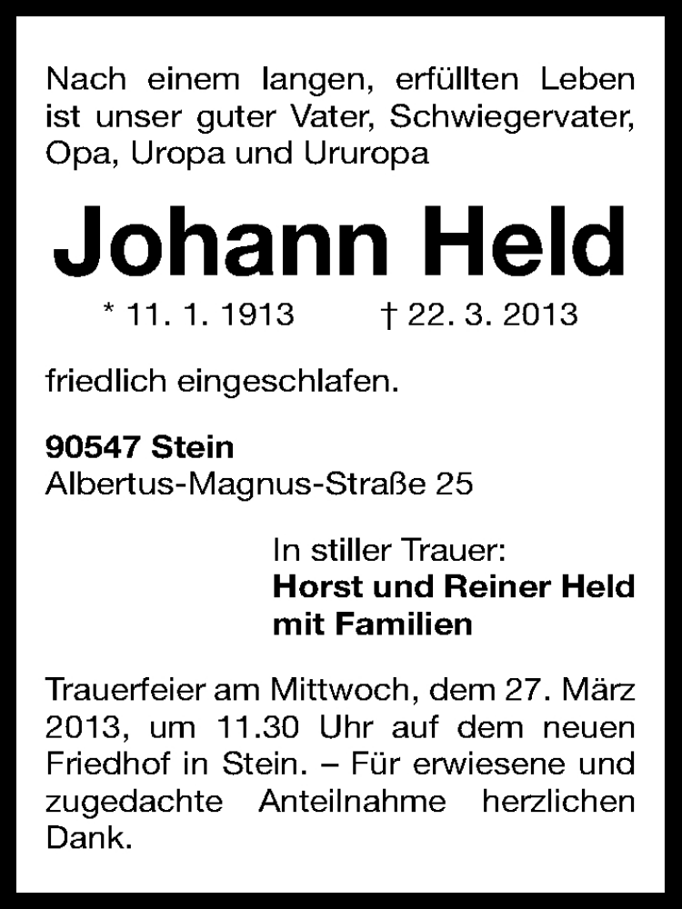  Traueranzeige für Johann Held vom 23.03.2013 aus Gesamtausgabe Nürnberger Nachrichten/ Nürnberger Ztg.
