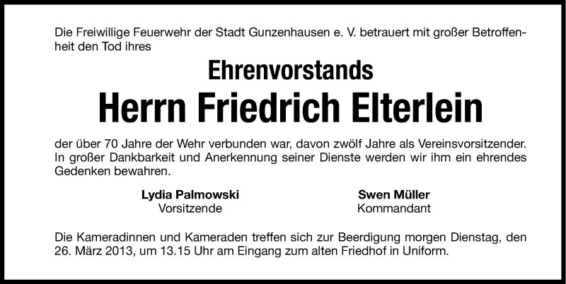  Traueranzeige für Friedrich Elterlein vom 25.03.2013 aus Altmühl-Bote Lokal