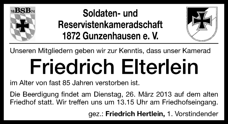  Traueranzeige für Friedrich Elterlein vom 25.03.2013 aus Altmühl-Bote Lokal