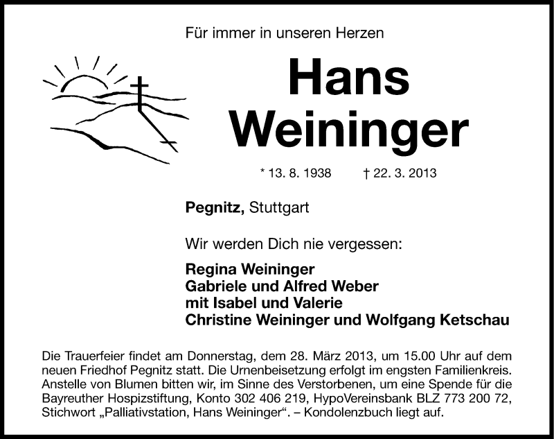  Traueranzeige für Hans Weininger vom 25.03.2013 aus Nordbayerische Nachrichten Pegnitz Lokal