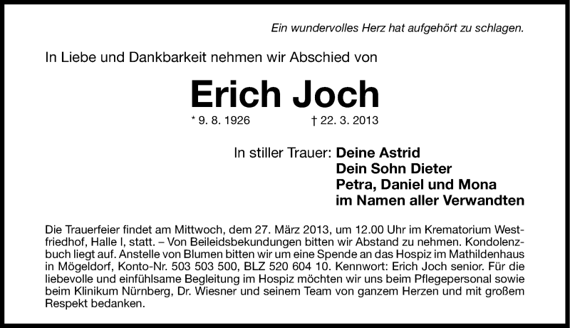  Traueranzeige für Erich Joch vom 25.03.2013 aus Gesamtausgabe Nürnberger Nachrichten/ Nürnberger Ztg.