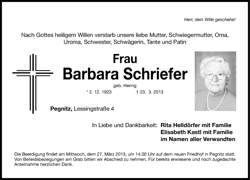  Traueranzeige für Barbara Schriefer vom 25.03.2013 aus Nordbayerische Nachrichten Pegnitz Lokal
