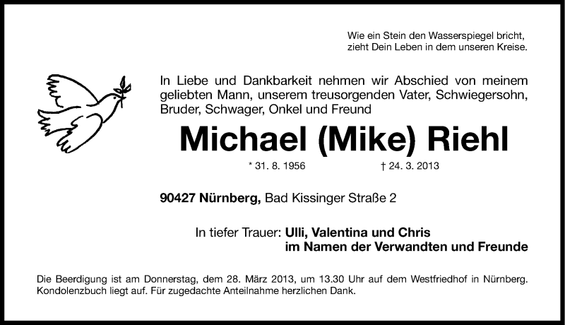  Traueranzeige für Michael Riehl vom 26.03.2013 aus Gesamtausgabe Nürnberger Nachrichten/ Nürnberger Ztg.