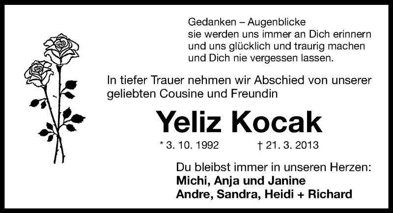  Traueranzeige für Yeliz Kocak vom 27.03.2013 aus Erlanger Nachrichten Lokal