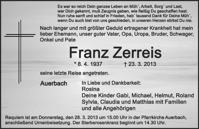  Traueranzeige für Franz Zerreis vom 26.03.2013 aus Nordbayerische Nachrichten Pegnitz Lokal
